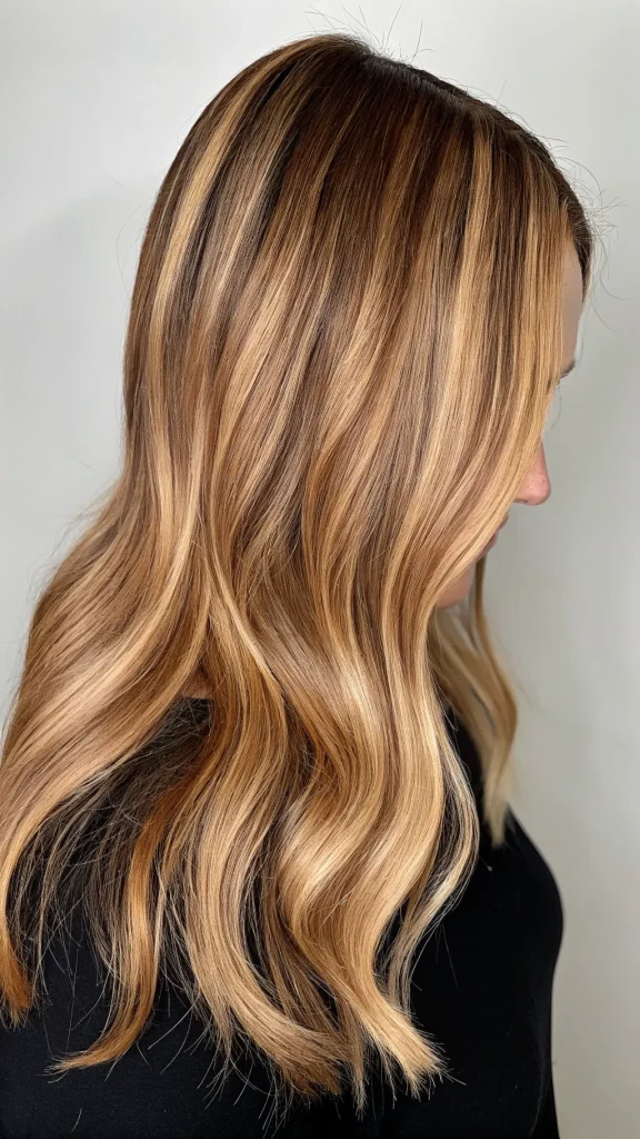 Red and caramel highlights on dark hair (5)