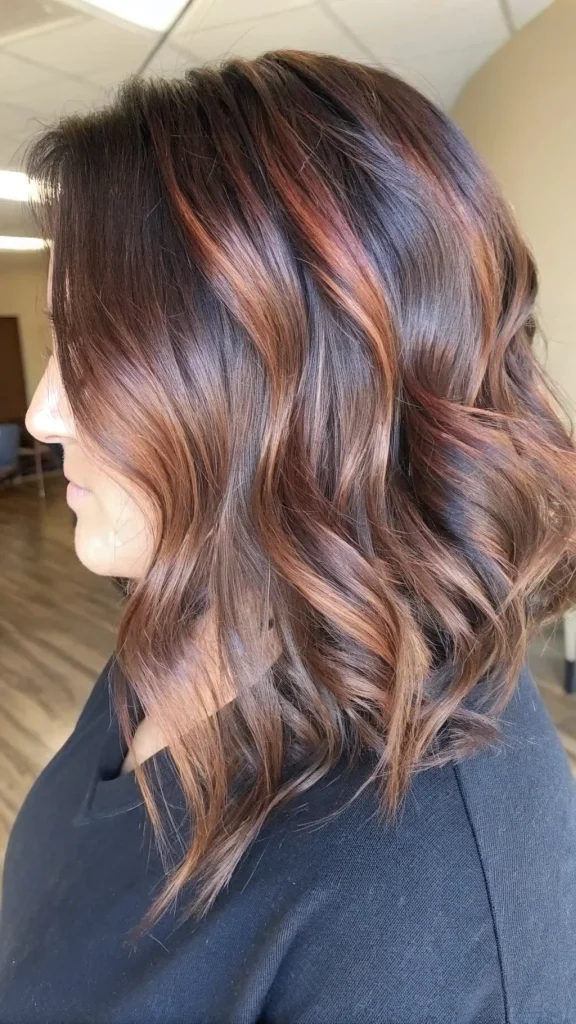 Red and caramel highlights on dark hair (6)