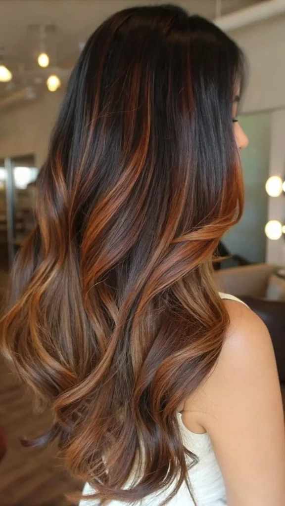 Red and caramel highlights on dark hair (8)