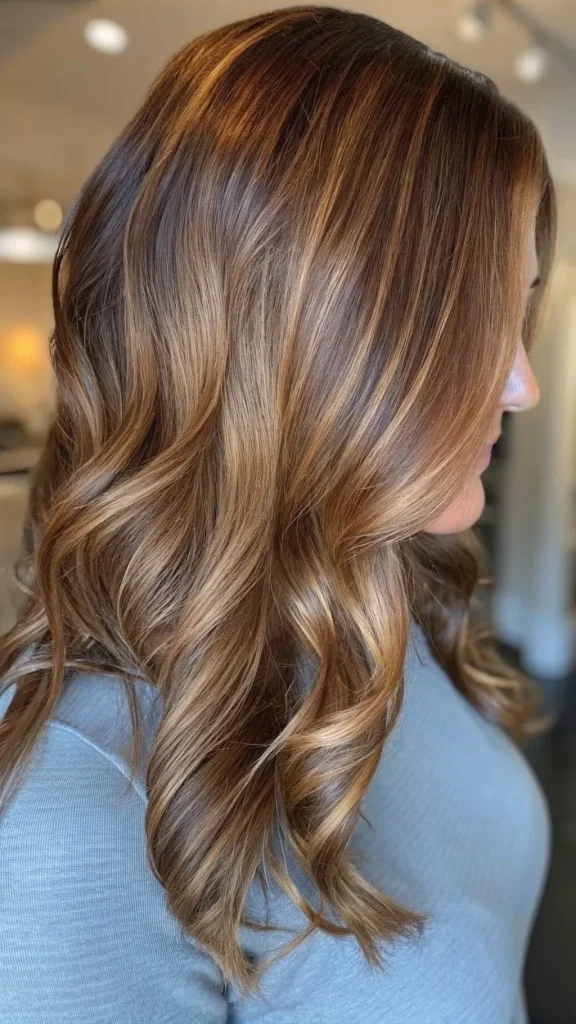 Red and caramel highlights on dark hair (9)