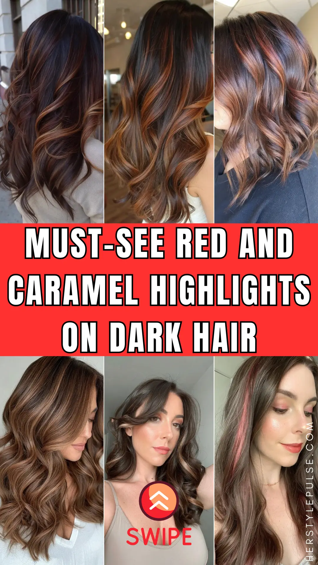 red and caramel highlights on dark hair
