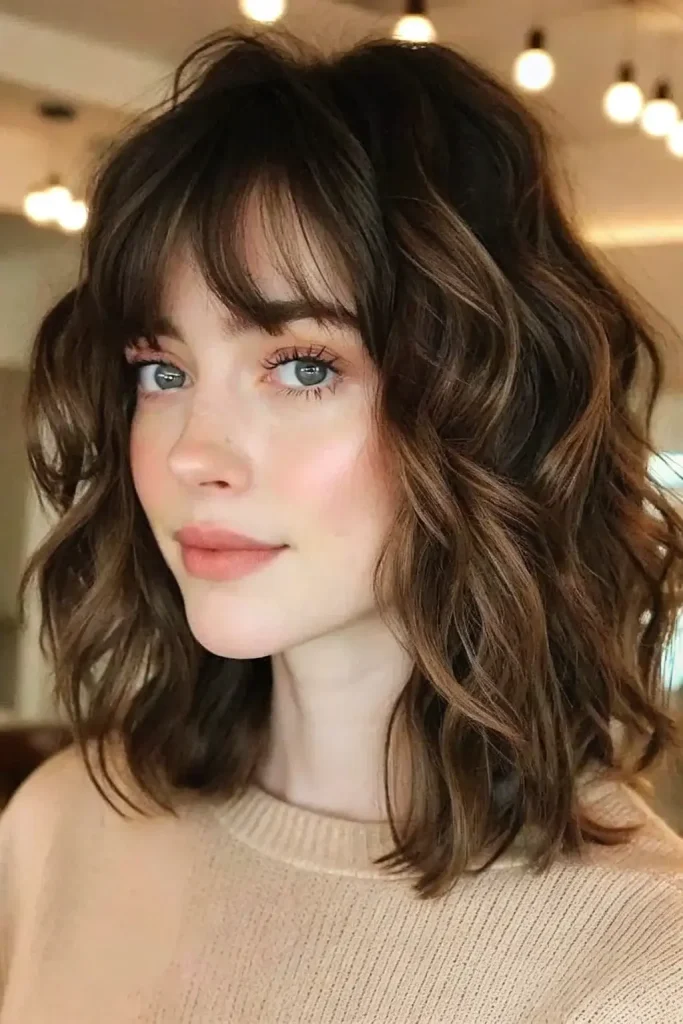 layered lob with curtain bangs hairstyle (5)
